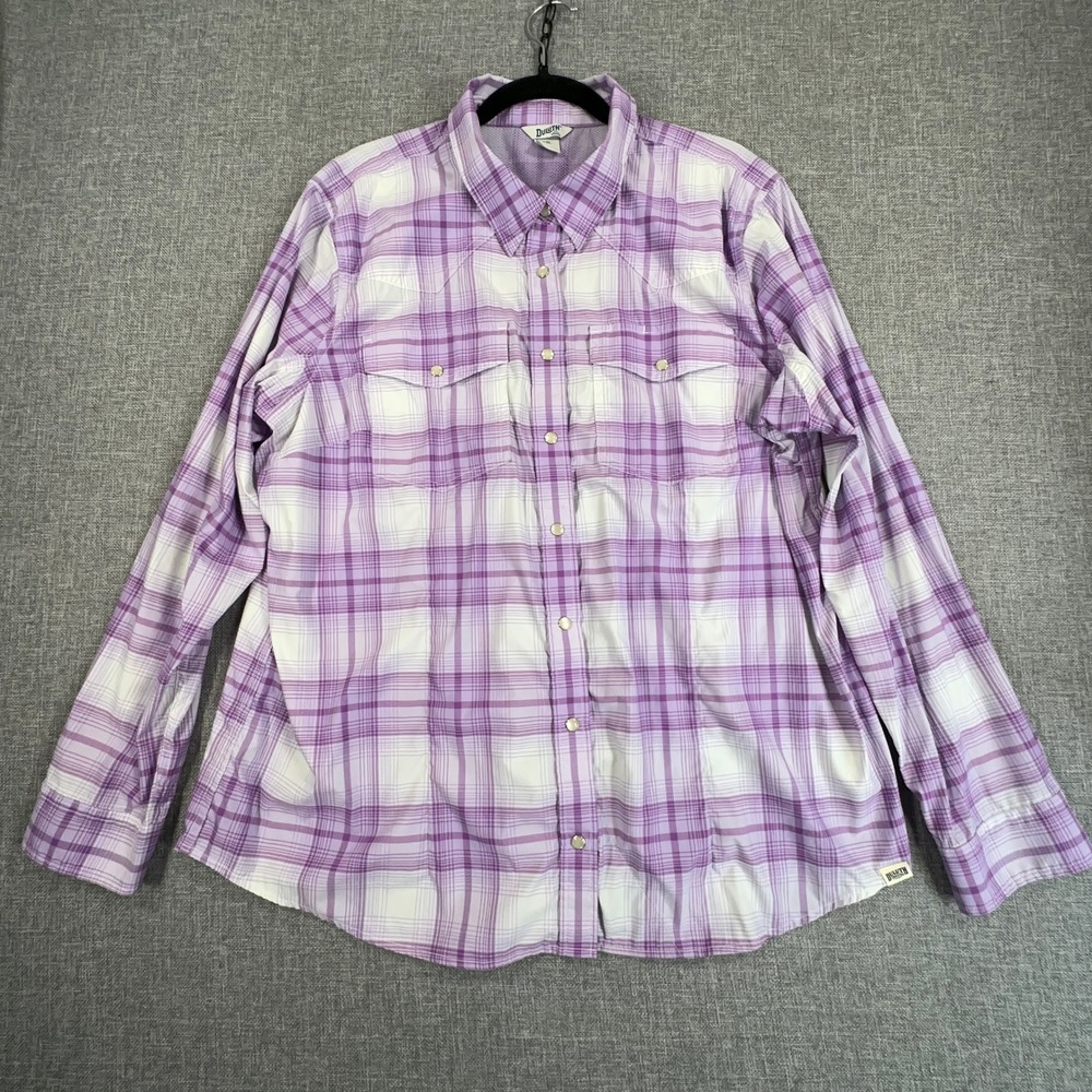 Duluth Trading Armachillo Fence Mender Shirt Womens XXL Purple Plaid Pearl Snap